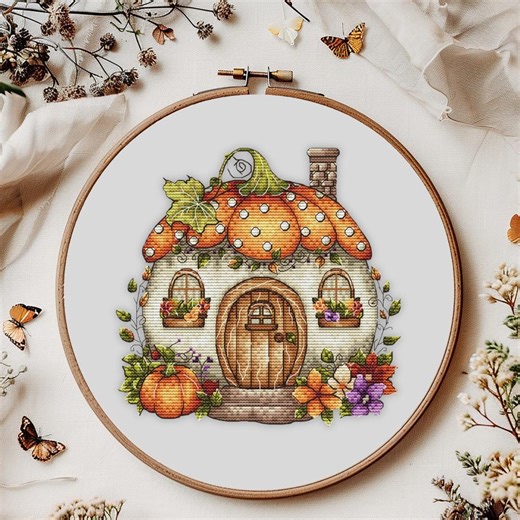 Whimsical Pumpkin House Cross Stitch Pattern: Autumn Embroidery (PDF Download - Etsy