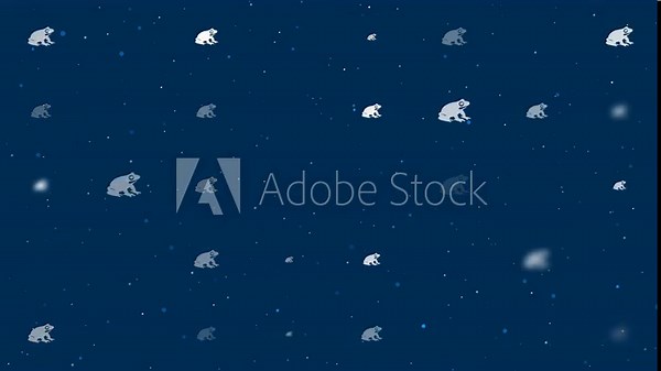 Template animation of evenly spaced funny frogs of different sizes and opacity. Animation of transparency and size. Seamless looped 4k animation on dark blue background with stars Stock Video