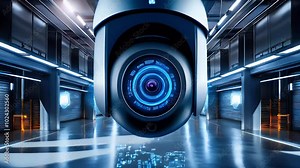 A security camera with a digital overlay hovers in a futuristic warehouse.