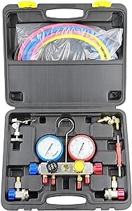 4 Ways AC Diagnostic Tool Kit AC Manifold Gauge Set for R22 R134A R410A, with AC Charge Hose, Tank Adapters, Quick Couplers