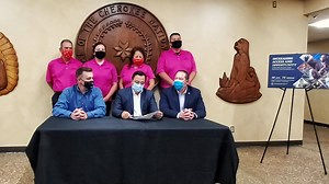 Today, Cherokee Nation Career Services met with Cherokee Nation Principal Chief Chuck Hoskin Jr., Cherokee Nation Deputy Principal Chief Bryan Warner and Chief of Staff Todd Enlow to recognize October 2020 as Disability Employment Awareness Month in the Cherokee Nation. The Cherokee Nation has operated the first tribal vocational rehabilitation program within the State of Oklahoma since October 1, 1992, and Cherokee Nation Career Services implemented the Disability Employment Initiative grant on