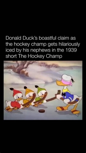 Explaining Cartoons on Instagram: "Follow me👉@explainingcartoons In The Hockey Champ (1939), Donald Duck proudly claims to be the “Hockey Champion of Duck Swamp” and shows off his ice-skating prowess — even imitating famous figure skater Sonja Henie — when he spots his nephews Huey, Dewey, and Louie playing hockey on a frozen pond. Donald pulls out a trophy and challenges the boys to a match, easily scoring goal after goal as he tousles the puck with comic exaggeration. But his cockiness soon g