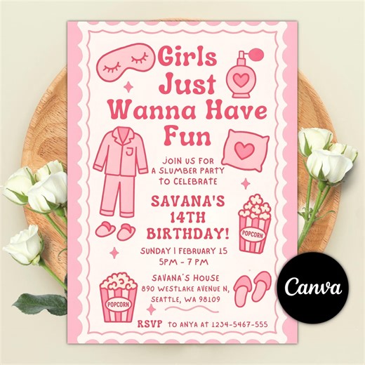 Pink Pajama Slumber Party Invitation Girls Just Wanna Have Fun Birthday Invite Editable Canva Template - Etsy