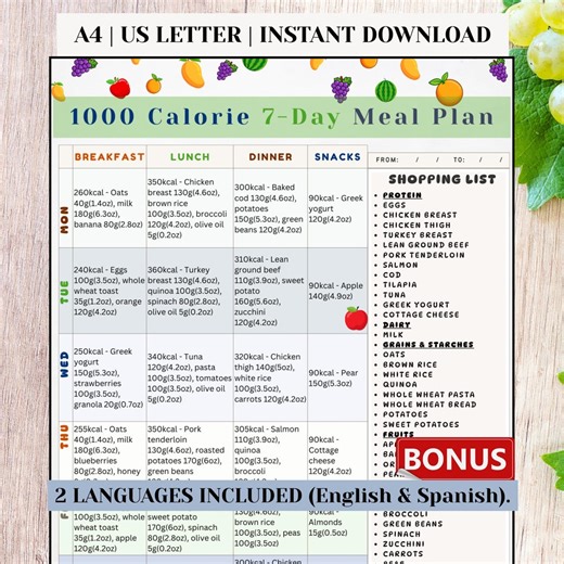 7 Day 1000 Calorie Meal Plan Printable, Weekly Low Calorie Menu With Shopping List, Calorie Deficit Diet, English Spanish PDF - Etsy