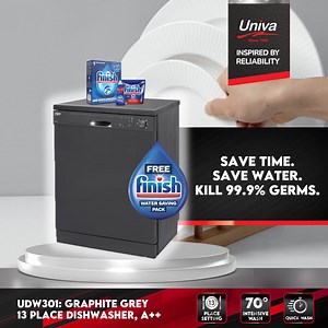 58 reactions | Save Time. Save Water. Hygienically clean. With a Univa Dishwasher the intensive 70 degree wash effectively kills 99.9% of germs. Ensure the best HYGIENE for you and your family. With 13 place setting capacity and packed with clever features, you do life while your Univa dishwasher does the work. #Univa #InspiredbyQuality #ReliableAppliances #Hygiene #EnergyEfficiency #Finish | Univa Appliances | Facebook