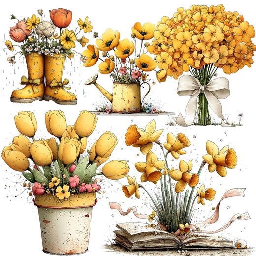 Yellow Flowers Spring Clipart: Whimsical Floral Graphics (digital Download - 25 Pngs) - Etsy Australia