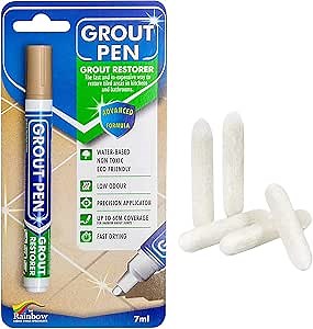 Grout Pen Tile Paint Marker: Beige Narrow 5mm with 5 Pack Replacement Tips - Waterproof Grout Colorant and Sealer Pen to Renew, Repair, and Refresh Tile Grout - Cleaner Coating Stain Pens