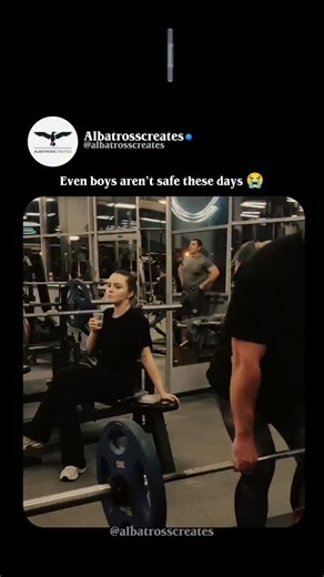 𝘼𝙡𝙗𝙖𝙩𝙧𝙤𝙨𝙨𝙘𝙧𝙚𝙖𝙩𝙚𝙨™ on Instagram: "Wait for the end 😭 This short clip shows a woman at a gym (or similar spot) staring intensely and thirstily at a guy working out, her eyes locked on him with obvious attraction while he stays focused. She looks him up and down, bites her lip or reacts dramatically in a "caught staring" way, turning the moment into hilarious, relatable thirst comedy. The caption "Even boys aren’t safe these days" hits perfectly, flipping the usual gender dynamic f