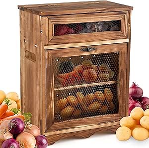 Wooden Countertop Storage Cabinet Potato and Onion Bin Box Wooden Bread Storage Bins Potato Container with Lid for Kitchen Pantry, 11.8 x 6.8 x 16 inch