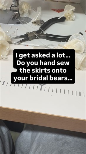 The proof is in the pudding at they say 🤣. Once the initial part of sewing/stuffing your bear is complete (especially bridal bears), everything else is hand stitched onto your bear. Openings are hand sewn to be closed, mouth and nose are to be hand sewn down. Skirts are then sewn down, somethings this will be multiple layers, then we might have any beading that’s come away, embellishments/lace to sew back down. My poor fingers take some pokes, when I wash up or have a soak in the bath my finger
