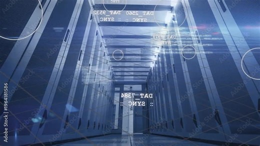 Central server rack aisle occupying frame, HUD text codes and rings emerging, syncing data flow
