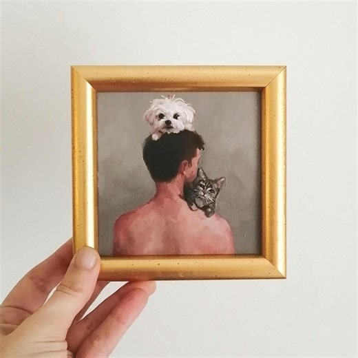 Original Oil Painting Man With Cat & Dog, Miniature Pet Portrait, Framed Wall Art - Etsy Australia
