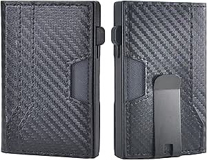 Kenpal Minimalist Wallet for Men, RFID Blocking Wallet with Money Clip, Pop Up Card Holder with Leather ID Window(Metal, Black CF)