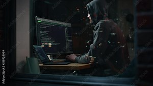 Hacker Using Desktop Computer to Perpetuate Cyber Attack, Doing DDOS Attack, Sends Viruses, Phishing Software, Malware, Stealing Private Data, Credit Card Fraud. Shot into City Apartment Window.