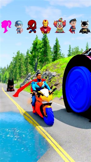 Superman & Batman vs Giant Rainbow Wheel – Superhero Motorcycle Crash Challenge in BeamNG Drive!