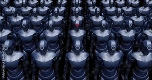 Super Powerful Cyborg Robot Army Slowly Marching. Ready For War. Technology Related Abstract 3D Concept Animation.