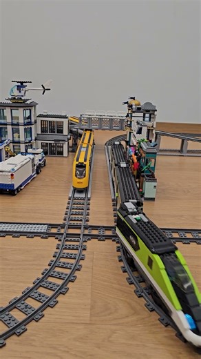 Perfect LEGO train coordination on a busy bridge layout 🚆🌉