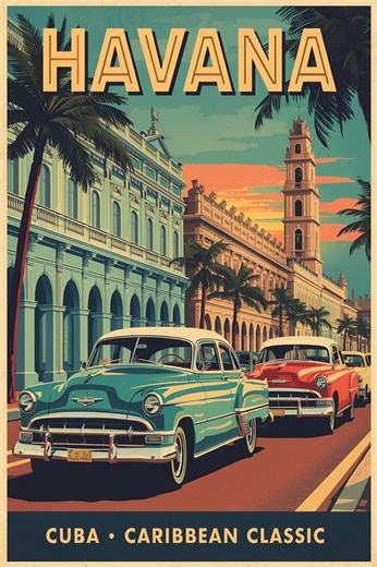 Havana Cuba Vintage Travel Poster, Retro Caribbean Wall Art, Classic Havana Cars Print, - Etsy