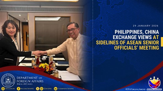 Philippine Department of Foreign Affairs Undersecretary for Policy Leo M. Herrera-Lim met with Hou Yanqi, Director-General of the Department of Boundary and Ocean Affairs of the Ministry of Foreign Affairs of China, on 29 January 2026 in Cebu, on the sidelines of the Senior Officials’ Meeting on the Implementation of the Declaration on the Code of Conduct in the South China Sea. Read full story 👉🏼 tinyurl.com/jturu9y4 #DFAForgingAhead | Department of Foreign Affairs, Republic of the Philippine