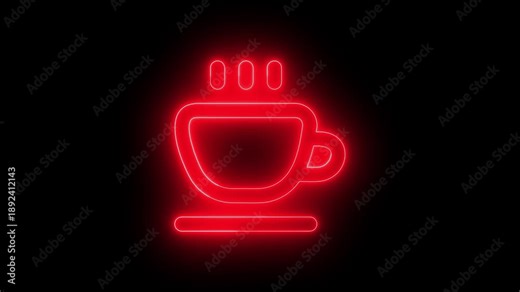 Neon coffee cup glowing red symbol with steam rising on black background for cafe menu board or advertising