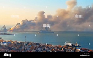 Berdyansk, Ukriane. 24th Mar, 2022. An image taken from a video posted online on March 24, 2022 shows a Russian ship destroyed, Ukraine says. The video shows smoke rising from the Russian navy landing ship Orsk at the Russian-occupied port of Berdyansk in southern Ukraine. The Russian landing ship has been destroyed and two other vessels have been damaged in the occupied Ukrainian port city of Berdyansk, say Ukrainian officials. (Credit Image: © Ukrainian Military/ZUMA Press Wire Service Stock P