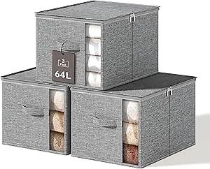 Large Clothes Storage Bins with Sturdy Frame, Foldable Clothing Organizer Box, Sweater Storage Cube with Lids and Zipper, Fabric Bedding Storage Bags for Blankets, Seasonal Clothes, Comforter