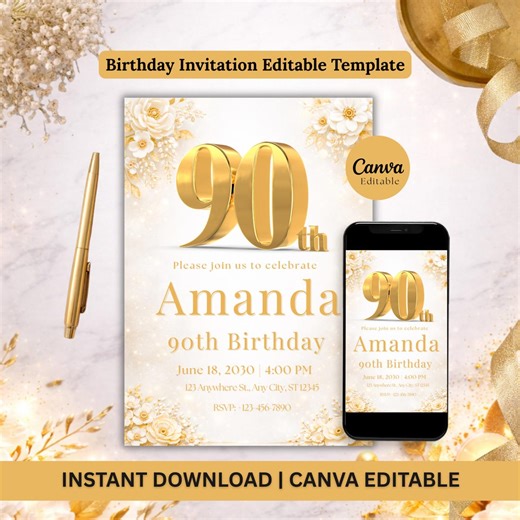 90th Birthday Invitation Template, Surprise Party Invite, Editable Canva Birthday Invitation, Elegant Gold Floral Invite, Instant Download - Etsy
