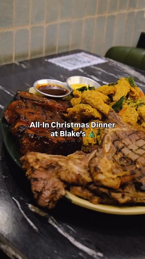Planning your annual Christmas dinner? Go all in with Blake’s All-In Platter filled with Ribs, Wicked Wings, and T-Bone Steaks made for sharing 💙 Good food, good stories, and even better company 🎄 View our menu at 📋 https://bit.ly/BWSMenu_0725 ☕️ https://bit.ly/BWSMenuSD_0725 📅 blakes.ph/reservations | Blake's Wings & Steaks