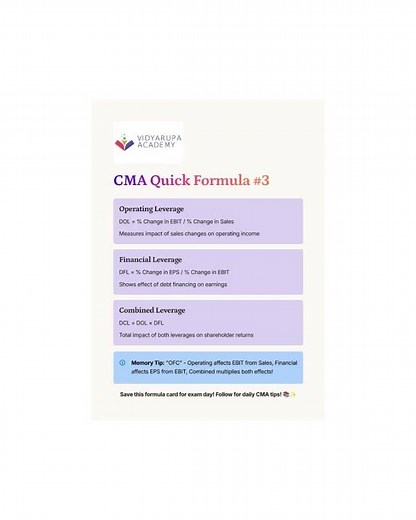 👉 “Operating Leverage Formula Explained | CMA Quick Concept (DOL = Contribution ÷ EBIT)