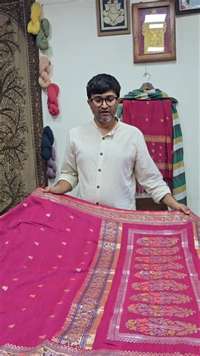 Royal Brocades on Instagram: "Weaving experiments are never easy. Blending two different yarns takes time, patience, and many trials to find the perfect balance. This one turned out to be a beautiful success ✨ The texture, fall, and drape of this saree are truly different — soft, fluid, and incredibly unique. An experiment that changed the way our sarees feel and move. Slow weaving. Thoughtful blending. Timeless craft."