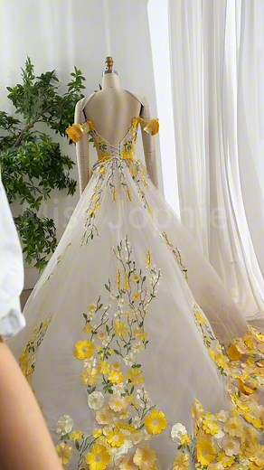 1.1M views · 25K reactions | Making an off the shoulder yellow floral wedding bridal gown. We always accept custom orders. #dress #gown #fashion #wedding #elegant #formalwear #bridal #hautecouture #custommade #bridaldress #weddingdress #weddinggown #weddingguestdress #partyoutfit #vintage #sewing #creative | Miss Jophiel | Facebook