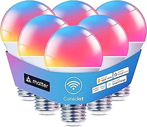 Consciot Smart Light Bulbs, WiFi Bluetooth Color Changing LED Light Bulb, A19 E26 RGBTW Light Bulbs That Works with Alexa/Google Home/Apple Home/Siri, Music Sync, 60W Equivalent Smart Bulb, 6 Pack