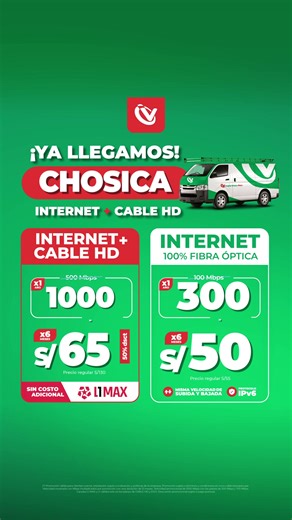 ¡Gran noticia para Chosica! Llega la velocidad que necesitas: • Internet Fibra Cable HD con L1 MAX • Hasta 1000 Mbps durante un año Y lo mejor: • Precios desde S/65 (por 6 meses) ¿Cuánto tiempo más vas a esperar? 🎁 ¡Promoción válida para clientes nuevos hasta el 31 de diciembre! | Cable Visión Perú