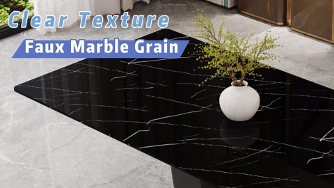 71" Black Faux Marble Dining Table Set for 8 With PU Leather Upholstered Chairs for Kitchen and Dining Room