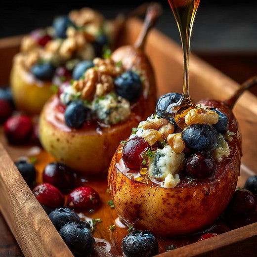 Baked Pears with Berries, Honey, Walnuts & Blue Cheese Ingredients 3 ripe pears (Bosc or Bartlett), halved and cored 2 tablespoons butter, melted 2 tablespoons honey ½ cup mixed berries (fresh or frozen) ¼ cup chopped walnuts 2–3 ounces blue cheese, crumbled A pinch of ground cinnamon (optional but lovely) Fresh mint leaves, for garnish Instructions Preheat and prep Set your oven to 375°F (190°C). Line a small baking dish with parchment paper or lightly butter it — this helps those caramelized e