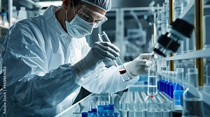 A pharmaceutical quality control technician using high-tech lab equipment to conduct a vial inspection in a sterile laboratory, highlighting the meticulous process of quality assurance in biopharmaceu