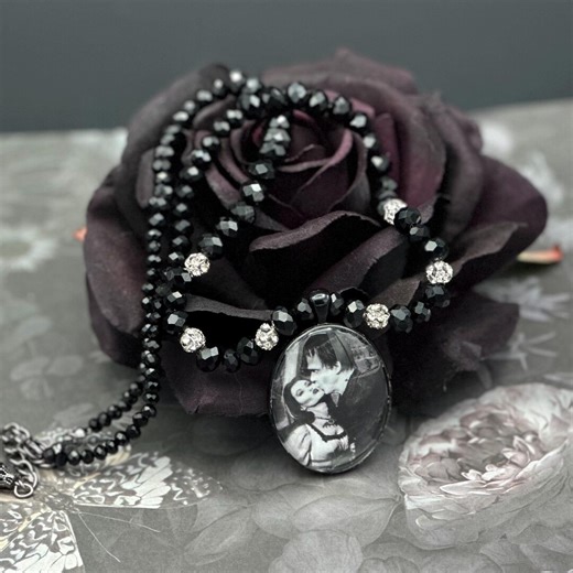 Herman and Lily Munster Black Beaded Portrait Necklace Valentine - Etsy