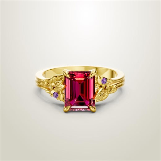 Emerald Cut Ruby Engagement Ring 18K Gold Vermeil, Unique Leaf and Vine Wedding Ring, Red Stone Ring, Statement Gift for Her - Etsy