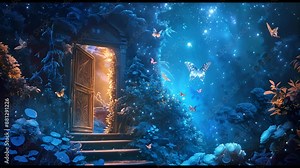 A glowing doorway in a magical forest, surrounded by butterflies and sparkling lights.