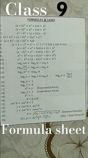 Formula sheet class 9 maths new book nbf 2024-25
