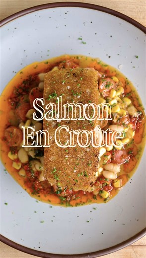 Sourdough Encrusted Salmon with White Bean Succotash