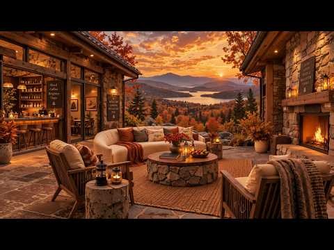 Relaxing Autumn Sunset Jazz 🍂 Cozy Mountain Retreat Ambience with Fireplace Sounds for Reading, Work