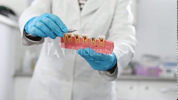 Stages of dental caries and pulpitis development on an anatomical model of a human tooth, educational material for dentists. Doctor holds in hands teeth