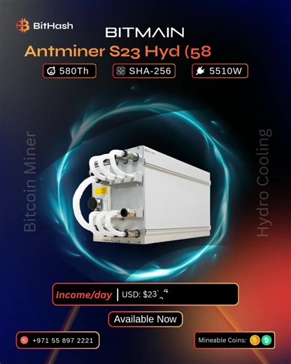 ⚡ POWER THAT PRINTS BITCOIN. Bitmain S23 Series⚡ Built for miners who don’t play small. Meet the Antminer S23 Hyd 580T— now available at BitHash. Extreme hashrate. Ultra-low efficiency. Serious ROI. 🪙🚀 🔥 Specs that dominate: ⚙️ SHA-256 🚀 580 TH/s hashing power 🔌 5510W Hydro Performance 📉 9.5 J/TH — elite efficiency 💎 Why BitHash? ✅ UAE’s leading Bitcoin mining brand ✅ Ready stock & fast delivery ✅ Hosting • Setup • Scaling support ✅ Built for professionals & institutions ⏳ Limited pre-sal