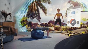 Female athlete trains with fitball. VR screen shows virtual coach and interface of AR fitness app with workout plan. Online training. Metaverse futuristic home gym with AI technologies. VFX animation.