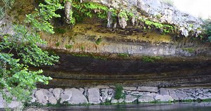 Static video of a rock wall and cave entrance at the Hamilton Pool Preserve in Wimberly Texas. Cliff Swallows and nest can be seen under the rock ledge.
