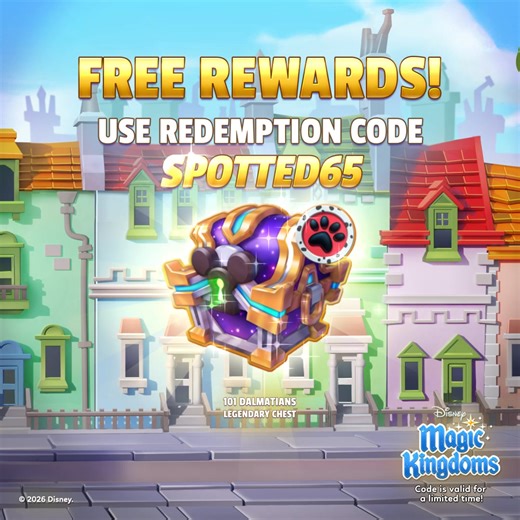 Today we are celebrating the 65th Anniversary of One Hundred and One Dalmatians movie — a legacy filled with pawprints, spots, and heartwarming adventures! 🐶🐾 🗝 Use Redemption Code SPOTTED65 and claim your 101 Dalmatians Legendary Chest before it's too late! Claim your reward HERE >> https://gmlft.co/DMK-Dalmatians65Redeem ✨ Note: Redemption Code expires on Sunday, February 1st at 12 pm EST. Redemption code is limited to one per valid user. | Disney Magic Kingdoms