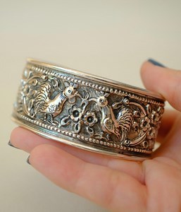 Vintage Silver Repoussé Cuff Bracelet With Rooster and Floral Motif, Ornate Folkloric Style - Etsy New Zealand