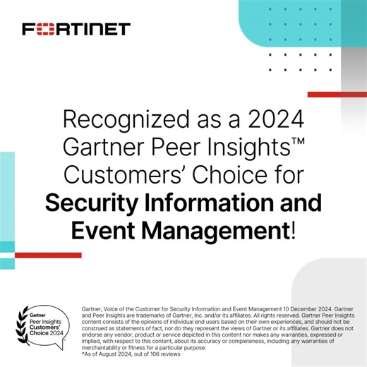 It’s official—4.9 out of 5 stars! ⭐️ We’ve been named a 2024 Gartner Peer Insights™ Customers’ Choice for Security Information and Event Management (SIEM), with a 99% willingness to recommend rating.* Learn more: https://ftnt.net/6182Qa8OY | Fortinet
