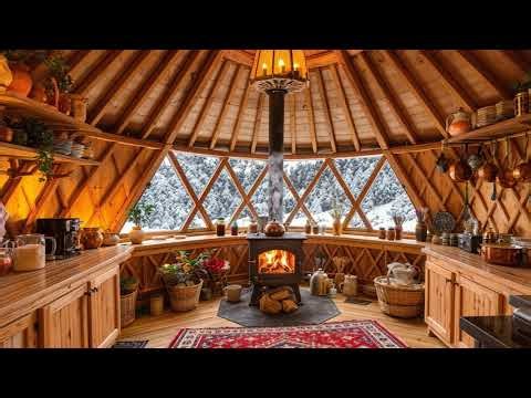 Cozy Yurt Kitchen with Fireplace Ambience | Crackling Fire, Snowy Forest View